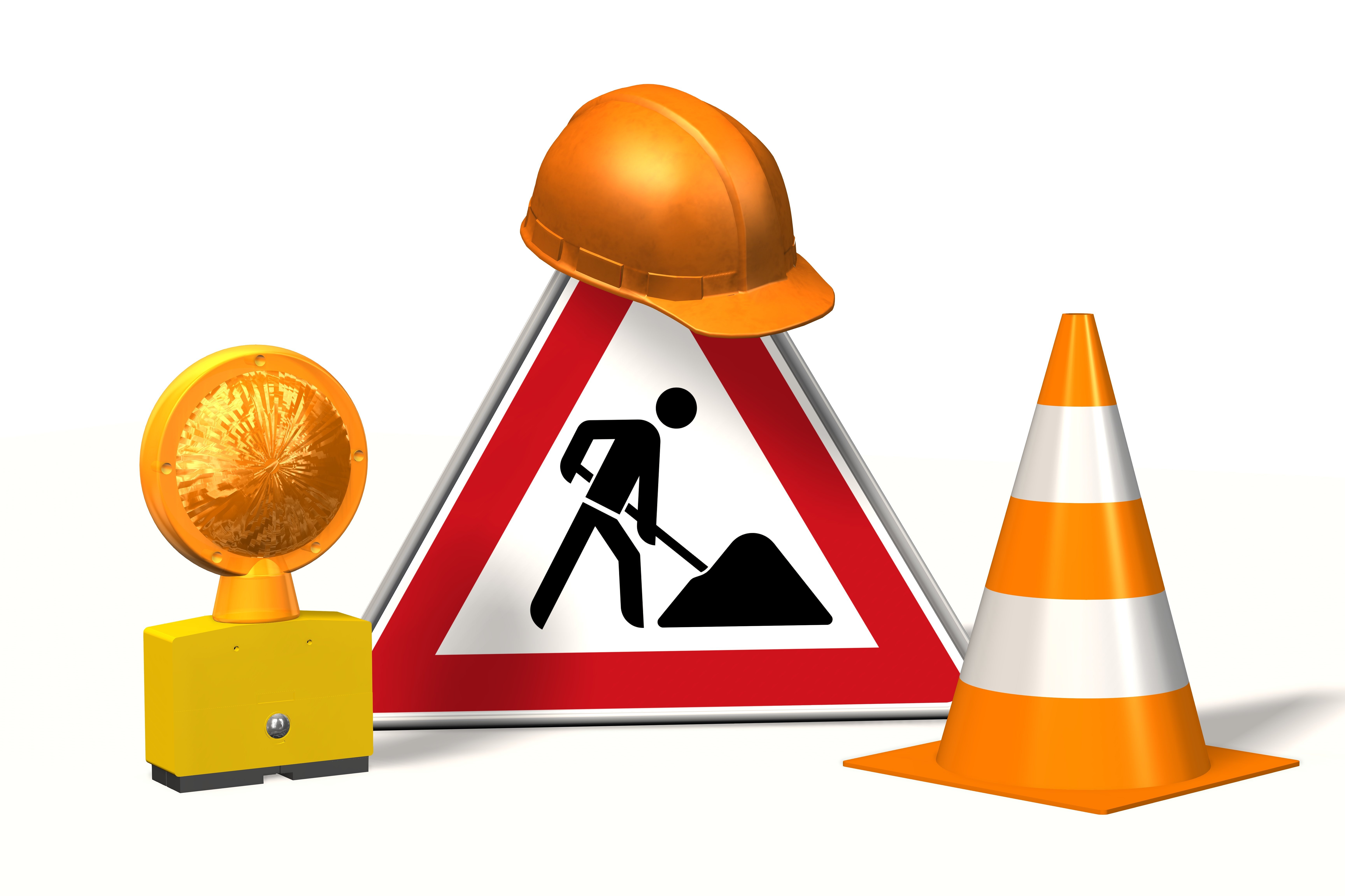 Construction site, construction site sign with pylons safety helmet and warning light isolated on white