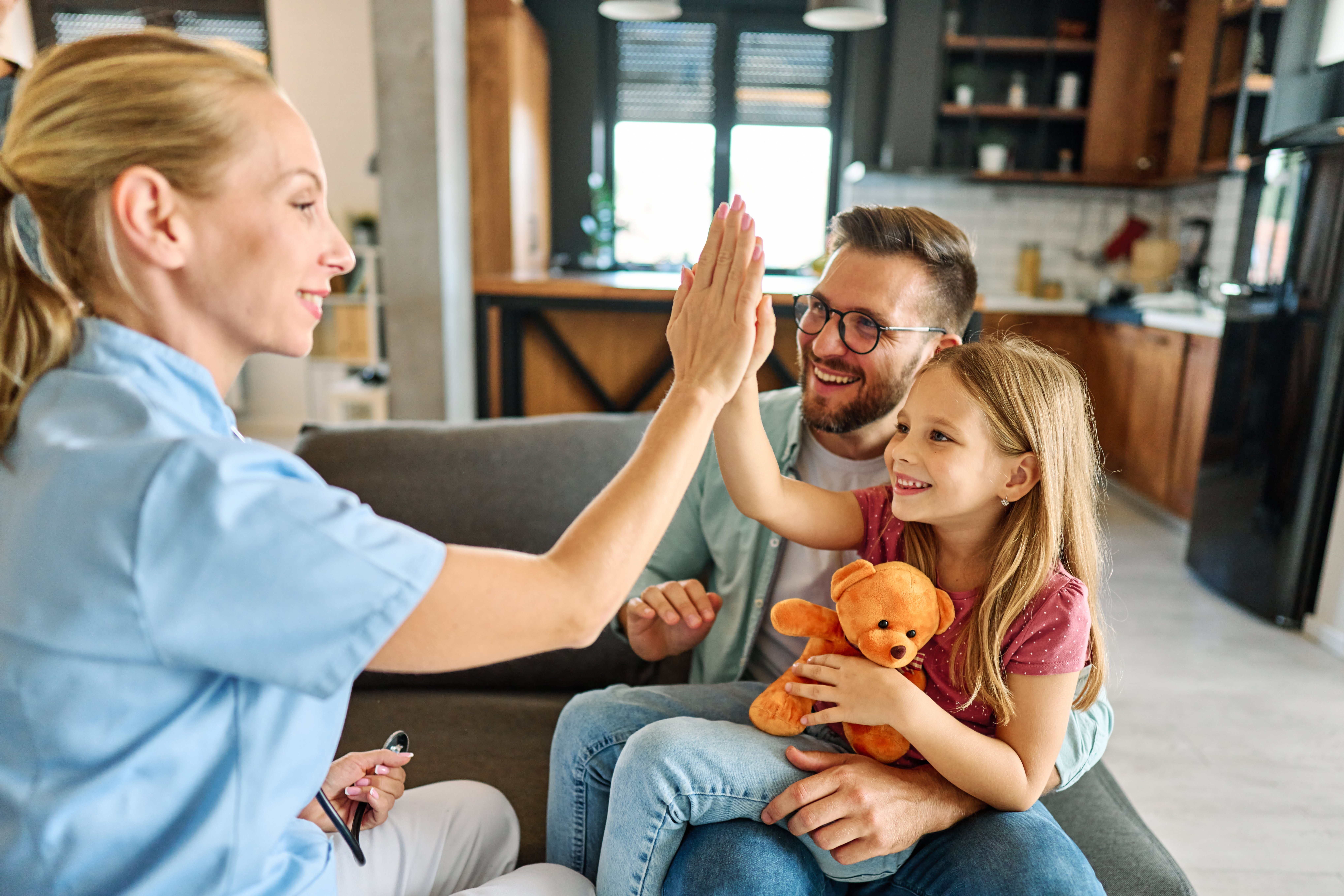 child father doctor girl patient family hospital care medicine man sick daughter illness health medical disease clinic pediatrician visit