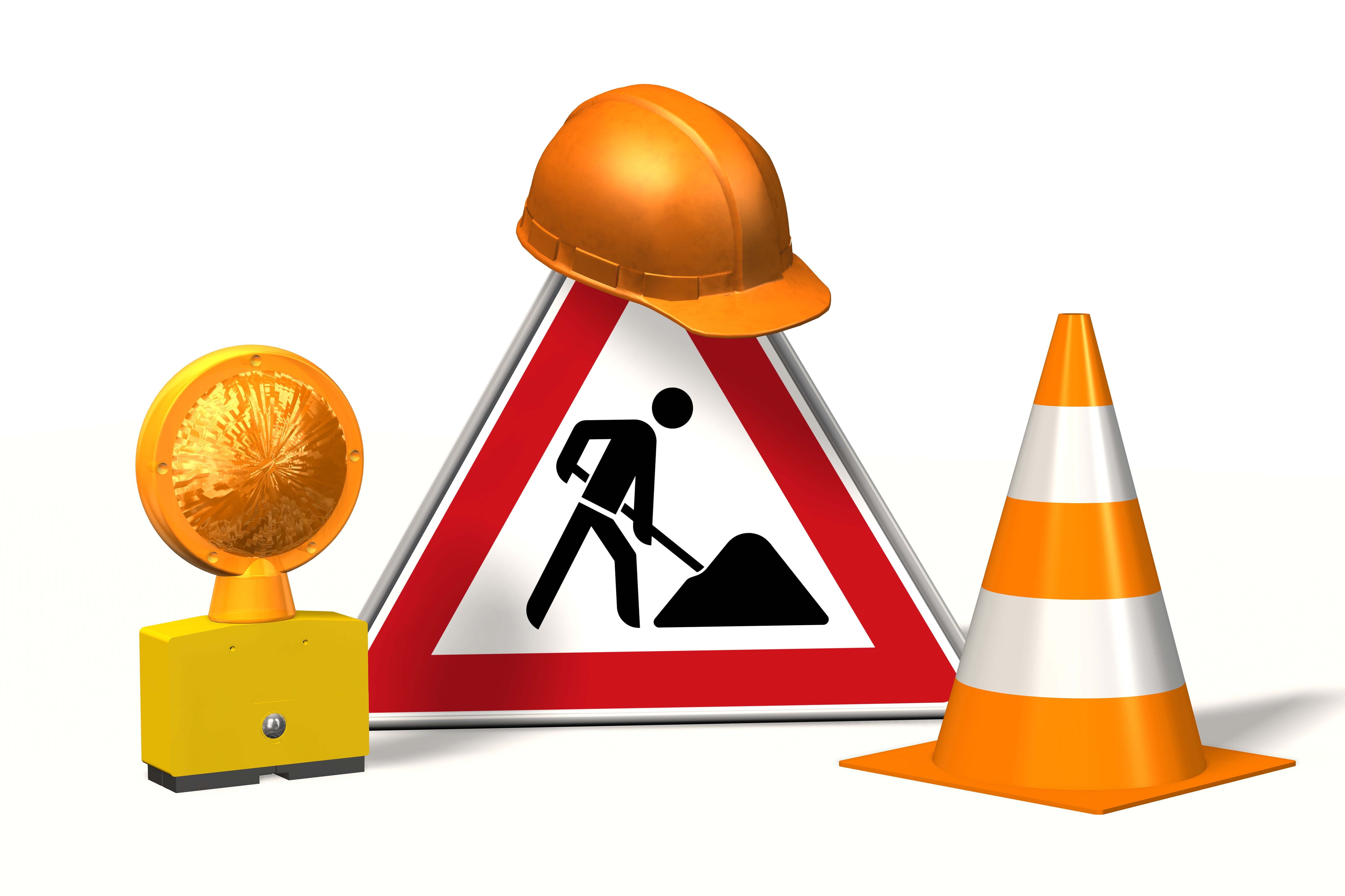 Construction site, construction site sign with pylons safety helmet and warning light isolated on white