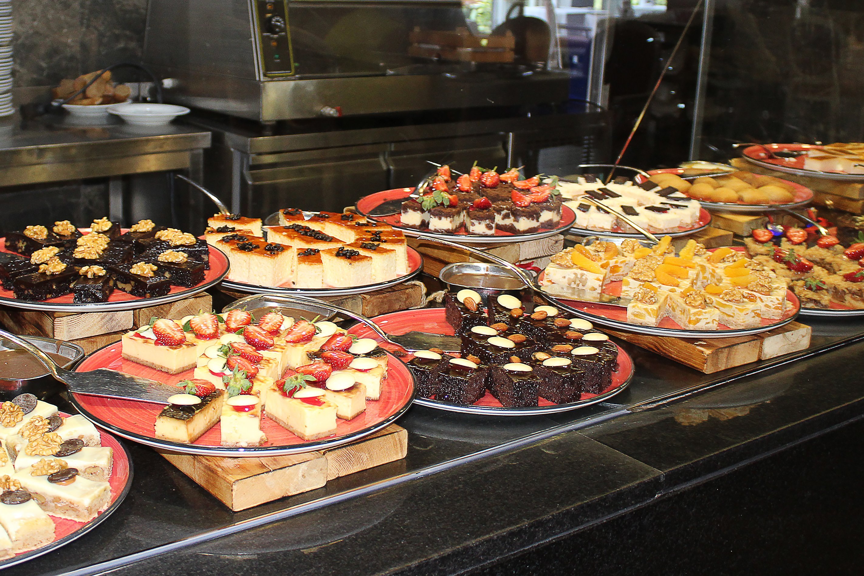 Food on the shelves in the self-service buffet with all inclusive in Turkey